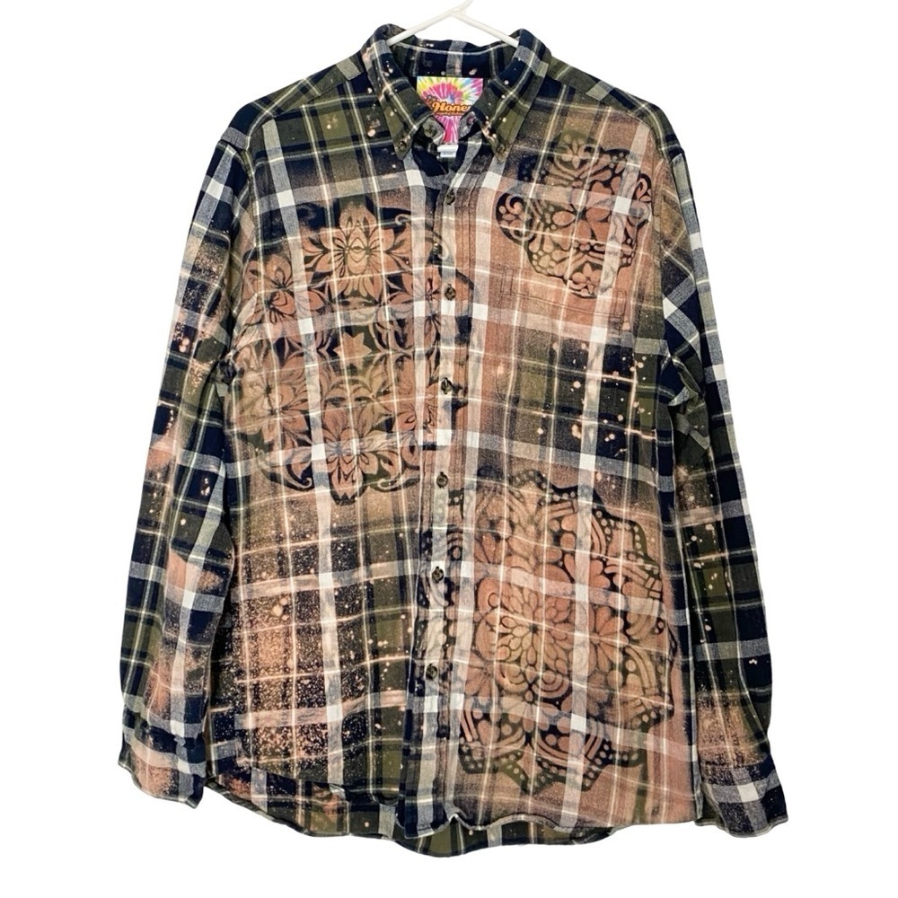 Handmade Floral Flannel Shirt Mens Size Medium Unisex Bleached Plaid Button Down